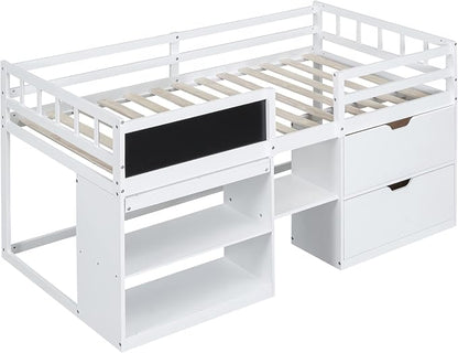 Bellemave Twin Size Low loft Bed for Kids,Wood Loft Beds,Modern Farmhouse Twin loft Bed,Loft Bed with Rolling Desk and Storage, Shelf and Drawers No Box Spring Needed,for Kids, White