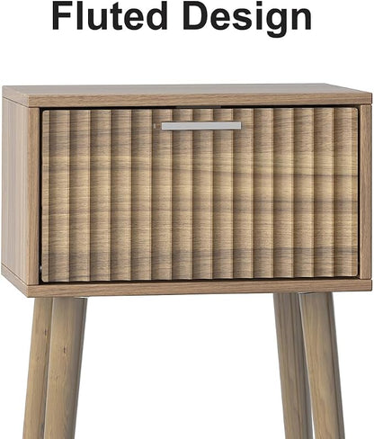 LAATOOREE Nightstands Set of 2, Small Size Side End Table, Bedside Table with Fluted Door, Solid Wood Feet; for Bedroom, Small Bed