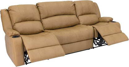 RecPro Charles 94" Powered Triple RV Wall Hugger Recliner Sofa with Drop Down Console, RV Furniture with Upgraded 2023 Suprima Leather Fabric Blend, Toffee