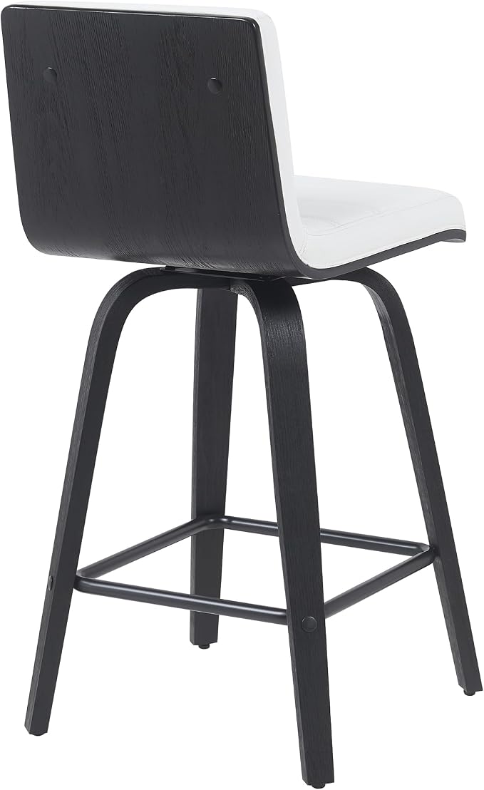 Vienna Modern Counter Height Swivel Bar Stool with Snow White Faux Leather Seat and Black Brushed Wood Frame Set of 2