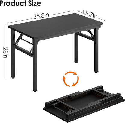 DlandHome Folding Desk for Small Spaces, 35.8'' Computer Desk Folding Table, Foldable Office Desk Computer Table Writing Workstation for Home Office, Study, Bedroom, No Assembly Required, Black&Black