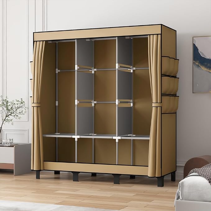 Portable Closet, 51.18" Large Capacity Wardrobe with 3 Hanging Rods, 6 Shelves & 18 Side Pockets, Dustproof Organizer for Bedroom, Dorm & Apartment (Cream Colour, Large)