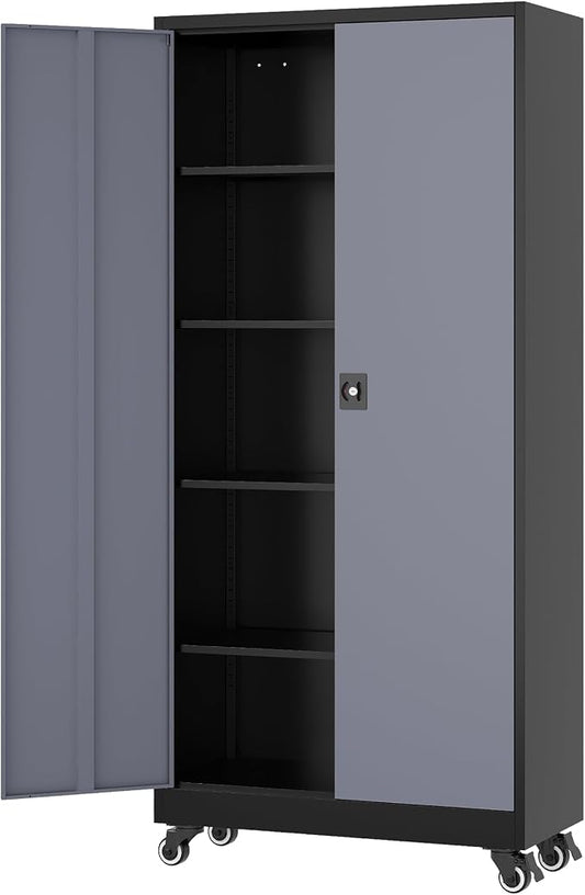 Fesbos Metal Rolling Storage Cabinet-74.6” Tall Steel File Cabinets with Wheels Lockable Doors and Adjustable Shelves-Black & Gray Steel Storage Cabinet for Home, School, Office, Garage
