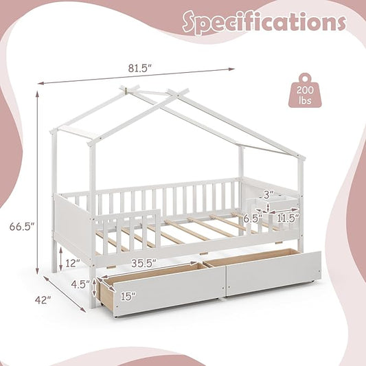 Giantex Twin House Bed with Drawers, Wooden Twin Bed Frame with Cube Storage & Fence Rails, Montessori Beds for Kids Boys, Girls, Bedroom, Living Room, No Box Spring Needed, White