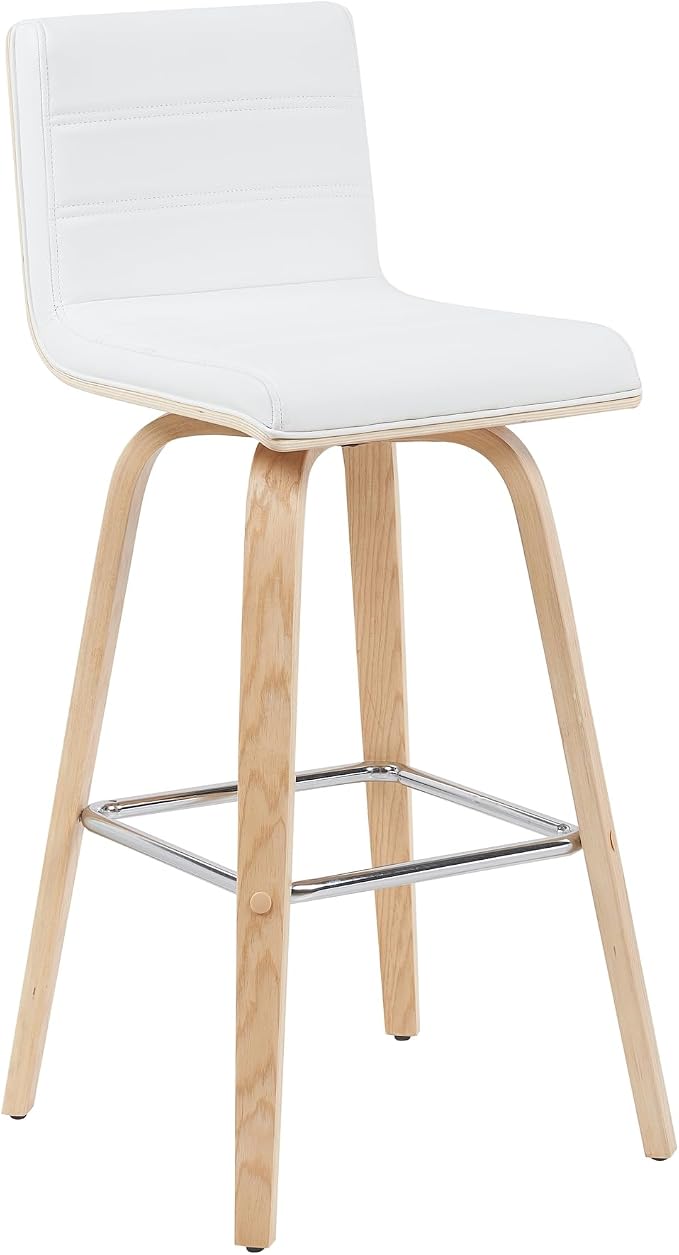 Vienna Modern Swivel Bar Height Stool with White Faux Leather Seat and Patterned Oak Wood Frame Set of 4
