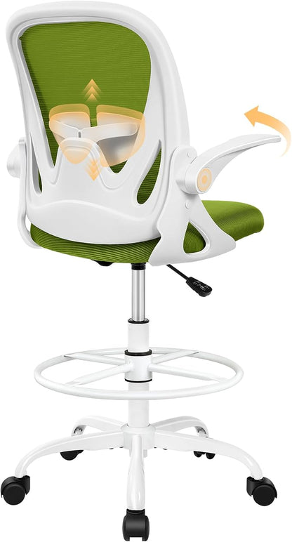 Primy Drafting Chair Tall Office Chair with Flip-up Armrests Executive Ergonomic Computer Standing Desk Chair with Lumbar Support and Adjustable Footrest Ring (AvocadoGreen)