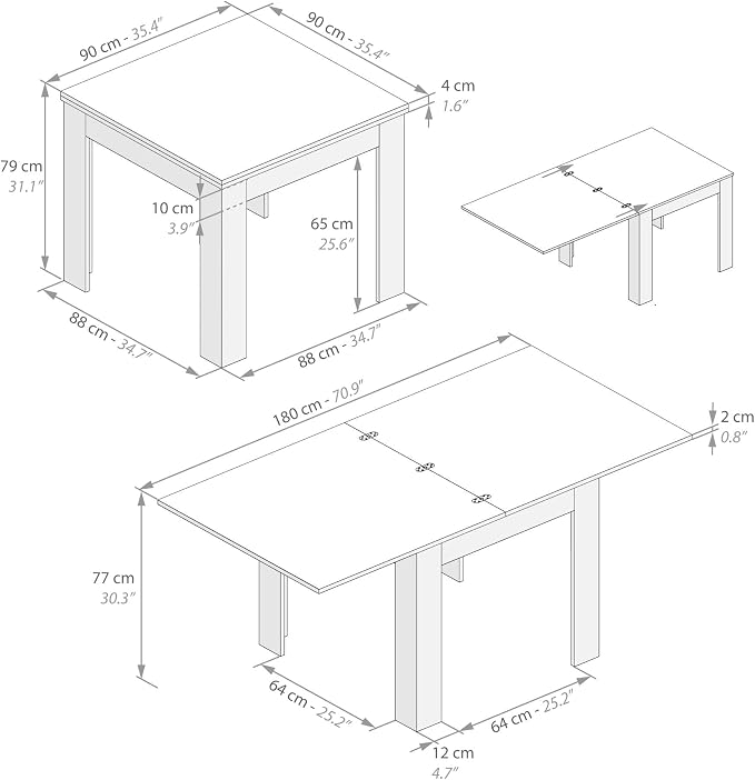 Mobili Fiver, Square Extendable Table, Eldorado, 35.4(70.9) x35.4 in, Concrete Effect, Grey, for 4-8 People, Expandable Dining Table for Kitchen, Italian Furniture
