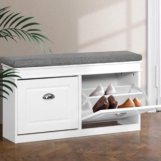 Artiss Shoe Storage Bench, White Shoe Bench with 2 Flip Drawers Cabinet Rack Organiser Drawer Organizer Holder Display Closet Stand Furniture, for Home Living Room Hallway Entryway Front Door Entrance