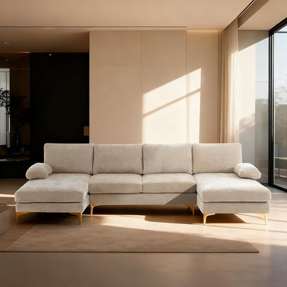Karl home Convertible Sectional Sofa 110" U-Shape Sofa Couch 4-Seat Couch with Chaise ChenilleFabric Upholstered for Living Room, Apartment, Office, Camel