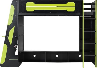 Merax Twin Size Loft Bed with Desk, Multi-Storage Shelves and RGB Light | Space-Saving Wooden Gaming Bed Frame with Charging Station and Guardrail