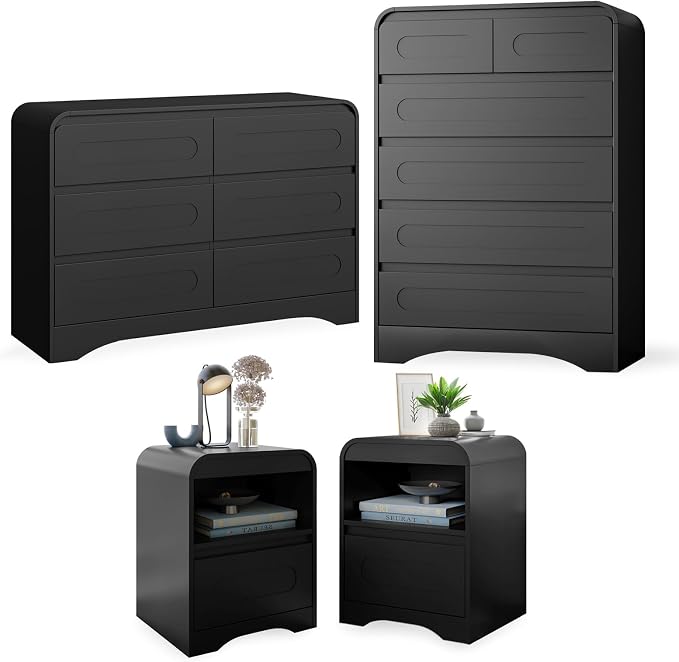 4 Pcs Bedroom Set, Dresser and Nightstand Sets | Including Modern Wooden Tall 6 Drawer Dressers, Wide 6 Drawers Dresser & Night Stand Set of 2 for Bedroom, Black