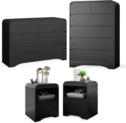 4 Pcs Bedroom Set, Dresser and Nightstand Sets | Including Modern Wooden Tall 6 Drawer Dressers, Wide 6 Drawers Dresser & Night Stand Set of 2 for Bedroom, Black