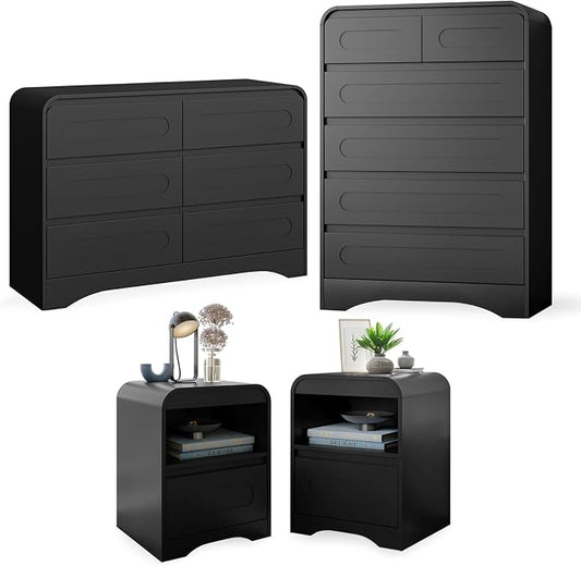 4 Pcs Bedroom Set, Dresser and Nightstand Sets | Including Modern Wooden Tall 6 Drawer Dressers, Wide 6 Drawers Dresser & Night Stand Set of 2 for Bedroom, Black