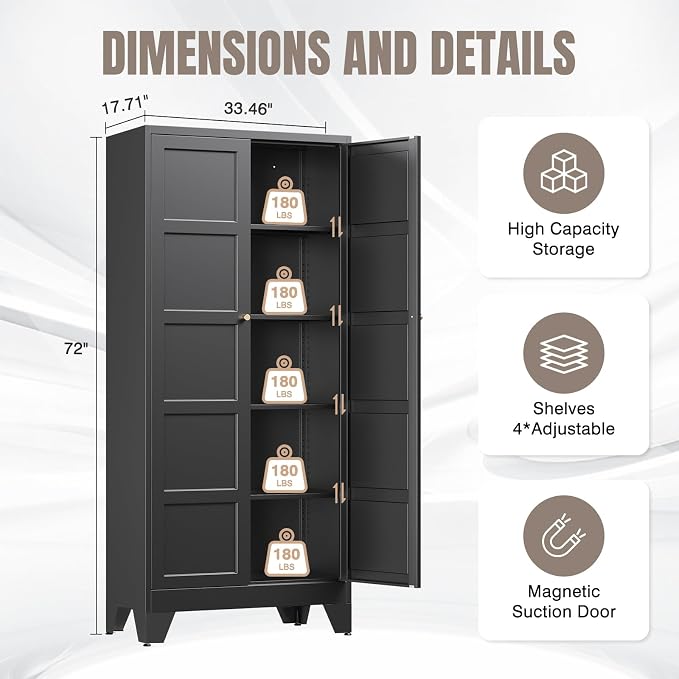 Yizosh Metal Pantry Cabinet,- 72" Black Kitchen Pantry Storage Cabinet with Doos and Adjustable Shelves for Kitchen, Living Room,Dining Room,Home