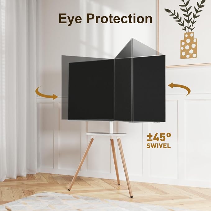 Tripod Easel TV Stand for 43–65 Inch TVs, Height Adjustable Swivel Floor Stand with Wooden Tray and Cable Management, VESA 400x400, Minimalist White
