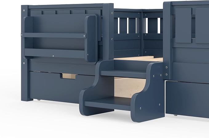 Bellemave Full Size Bed Frame with Storage Drawers & Bookshelf, Low Profile Kids Bed with Staircase & Full Length Guardrails, Solid Wood Full Size Bed Frame Kids with Slats Load 550 LBS, Blue