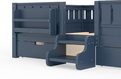 Bellemave Full Size Bed Frame with Storage Drawers & Bookshelf, Low Profile Kids Bed with Staircase & Full Length Guardrails, Solid Wood Full Size Bed Frame Kids with Slats Load 550 LBS, Blue