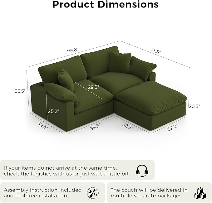 L-Shaped Modular Cloud Sectional Sofa,2-Seater with Chaise,Modern Down Filled Detachable Couch for Living Room,Office & Small Apartment,Green