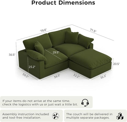 L-Shaped Modular Cloud Sectional Sofa,2-Seater with Chaise,Modern Down Filled Detachable Couch for Living Room,Office & Small Apartment,Green