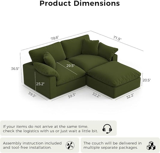 L-Shaped Modular Cloud Sectional Sofa,2-Seater with Chaise,Modern Down Filled Detachable Couch for Living Room,Office & Small Apartment,Green