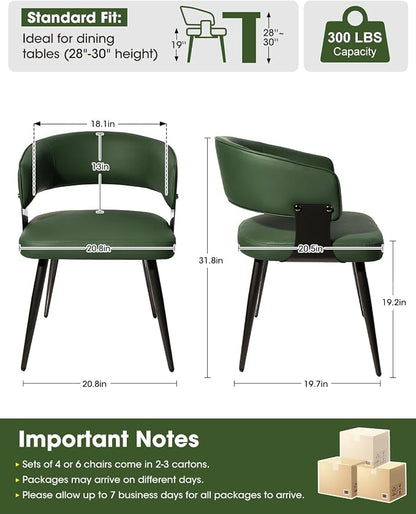 Dining Chairs Set of 6, Modern Upholstered PU Leather Kitchen & Dining Room Chairs with Curved Open Back Metal Legs, Kitchen Chairs for Dining Room Restaurant (Green, Set of 6)