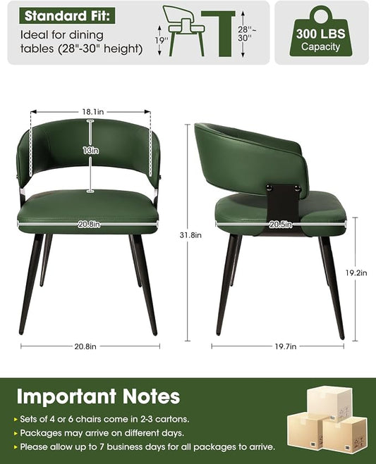 Dining Chairs Set of 4, Modern Upholstered PU Leather Kitchen & Dining Room Chairs with Curved Open Back Metal Legs, Kitchen Chairs for Dining Room Restaurant (Green, Set of 4)