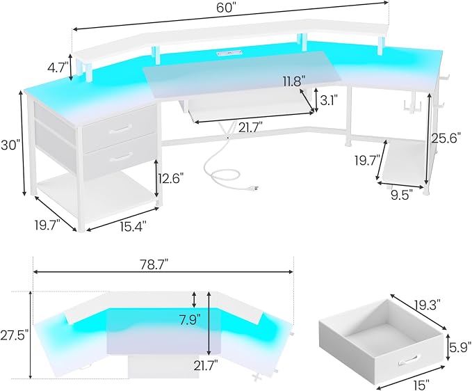 Itaar 79" Gaming Desk with 2 Fabric Drawers, Long Computer Desk with Power Strip & LED Lights, U Shaped Desk with Storage and Cup Holder, Large Gaming Table for Bedroom, Carbon Fiber White