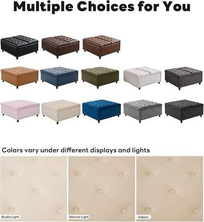 Tbfit Large Square Storage Ottoman Bench, Tufted Upholstered Coffee Table Ottoman with Lift Top & Wooden Legs, Oversized Storage Ottomans Toy Box for Living Room (Beige Velvet)