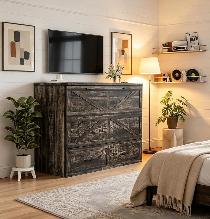 Bellemave Queen Murphy Bed, Cabinet Bed with Charging Station and Storage, Farmhouse Murphy Cabinet with Foldable Panel, Noisy Free, for Guest Bedroom, Living Room, Office, Rustic Gray