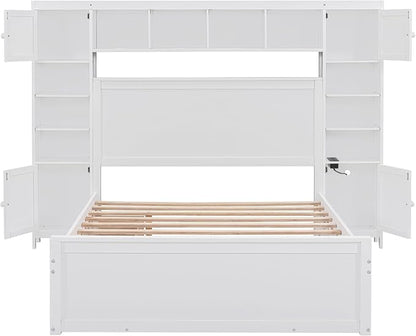 Merax Full Size Wooden Bed with All-in-One Cabinet, White Platform Bed Frame with 2 Drawers, Trundle and Sockets