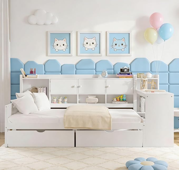 Bellemave Twin Size Corner Bed Frame, Twin Size Corner Beds with Storage Cabinets and Desk, Wood Daybed with Bookcase and Drawers, White