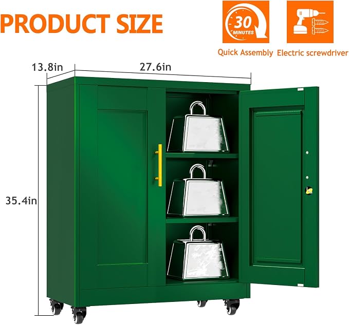 Metal Storage Cabinet with Wheels, 36" Tall Locking Storage Cabinet with 2 Adjustable Shelves, Locking Garage Cabinet, Steel Locker Organizer, for Office, Home, School, Green