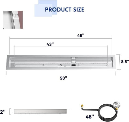 Skyflame Spark Ignition Gas Fire Pit Burner Kit, 48" Linear Stainless Steel Complete Drop-in Burner Kit with Flame Sensing,Propane Regulator Connector Hose Set for Propane Tank