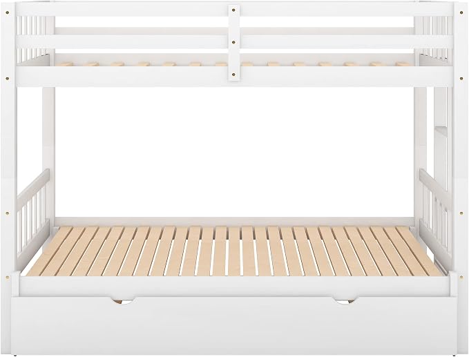 Extendable Bunk Bed with Trundle, Twin Over Double Twin Bunk Bed Frame, Upgraded Version Wooden Bunk Bed with Trundle, Pull-Out Bunk Bed Frame Can Be Extendable, No Spring Box Needed, White