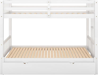Extendable Bunk Bed with Trundle, Twin Over Double Twin Bunk Bed Frame, Upgraded Version Wooden Bunk Bed with Trundle, Pull-Out Bunk Bed Frame Can Be Extendable, No Spring Box Needed, White
