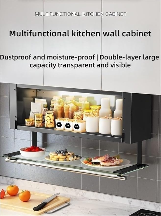 Modern Pull Down Cabinet Organizer Multifunctional Pantry Shelf with Transparent Glass Panel Space-Saving Kitchen Closet Storage,Ideal for Home