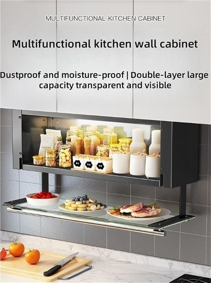 Modern Pull Down Cabinet Organizer Multifunctional Pantry Shelf with Transparent Glass Panel Space-Saving Kitchen Closet Storage,Ideal for Home