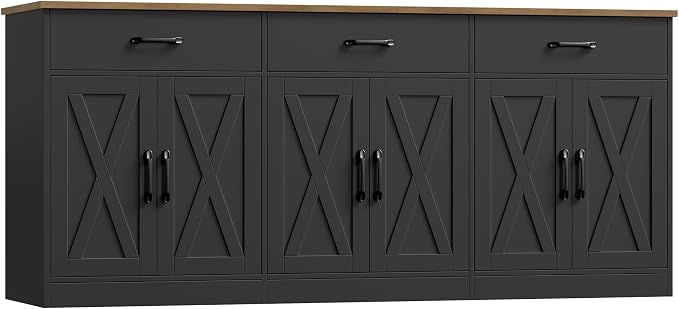 HOSTACK 71" Large Sideboard Buffet Cabinet with Storage, Farmhouse Coffee Bar Cabinet with 3 Drawers, Long Kitchen Buffet Table, Kitchen Sideboard Storage Cabinet for Dining Room, Living Room, Black