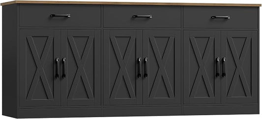 HOSTACK 71" Large Sideboard Buffet Cabinet with Storage, Farmhouse Coffee Bar Cabinet with 3 Drawers, Long Kitchen Buffet Table, Kitchen Sideboard Storage Cabinet for Dining Room, Living Room, Black