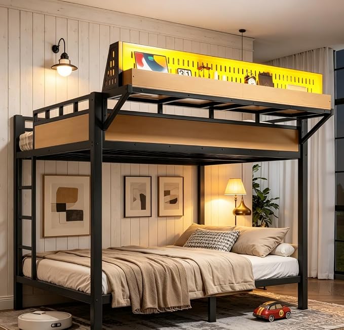 Bellemave Bunk Bed Full Over Full，Metal Bunk beds with Storage Shelves USB Ports and LED Lights, Natural