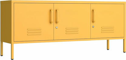 3 Door Lockable Metal TV Stand Storage Cabinet with Accent Cabinet Locker, Wide Heavy Duty Media Console for Large 100+ Inch TVs, Home Office Entertainment Center, Yellow 22"H X 47.3"W X 13.8"D