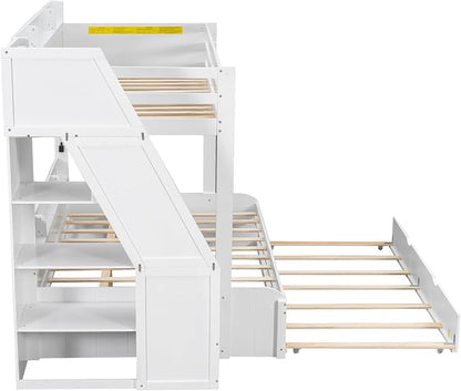 Twin Over Full Bunk Bed with Storage Staircase and Trundle,Storage Shelves, LED and USB,for Kids Teens Adults Bedroom Use (White-USB, Twin Over Full)