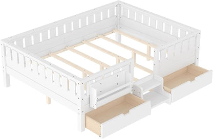 Queen Platform Bed with Storage Drawers and Bookshelves, Kids Platform Bed Frame with Low-profile Stairs and Full-length Guardrails, Queen Bed Frame for Boys, Girls, No Box Spring Needed, White