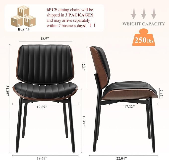 MALOL Leather Dining Chairs Set of 6, Modern Upholstered Dining Room Kitchen Chairs with Metal Legs and Wooden Back Support for Home Dining Room/Restaurant, Black