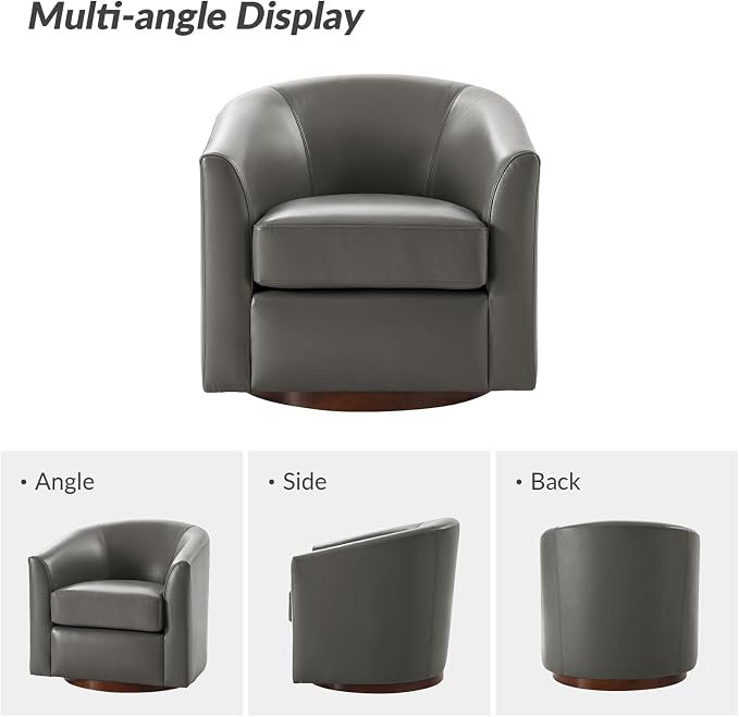 HULALA HOME Genuine Leather Swivel Barrel Chairs Set of 2, Round Swivel Accent Chairs with Solid Wood Base, Leather Barrel Accent Chair for Living Room, No Assembly Required, Grey