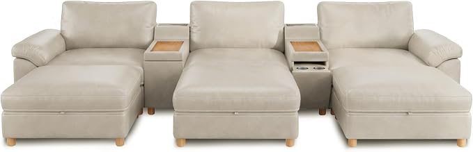 SITJOY Large Cloud Couch, 146" Wide 3 Seater Sofa Bed with Console, White | Pet-Friendly Scratch-Resistant Leather Sectional Sofas for Living Room, Deep Seat Wide Couch with Chaise, Storage Ottoman
