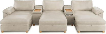 SITJOY Large Cloud Couch, 146" Wide 3 Seater Sofa Bed with Console, White | Pet-Friendly Scratch-Resistant Leather Sectional Sofas for Living Room, Deep Seat Wide Couch with Chaise, Storage Ottoman