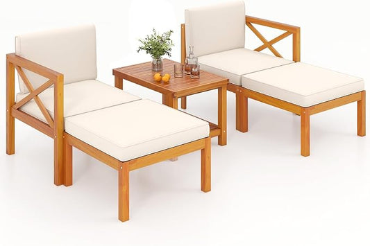 Tangkula 5 Pieces Patio Lounge Chair Set w/Ottomans, Acacia Wood Patio Conversation Set w/Cushions, Coffee Table, Modular Outdoor Lounge Sofa Set for Lawn, Backyard, Poolside