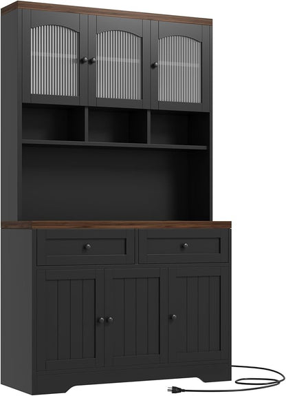 Garvee 71" Pantry Cabinet with Charging Station, Tall Kitchen Pantry Storage Cabinet with Microwave Stand, Farmhouse Kitchen Hutch with Storage Drawers for Living Room, Dining Room, Black