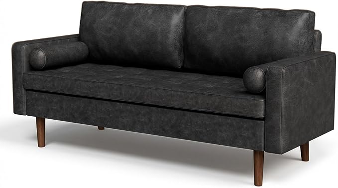 70" Mid-Century Modern Sofa Couch – Faux Leather Loveseat Sofa with Deep Seat & Solid Wood Frame – Includes 2 Accent Pillows – Black Living Room Bedroom Office (Black, 70 inches)